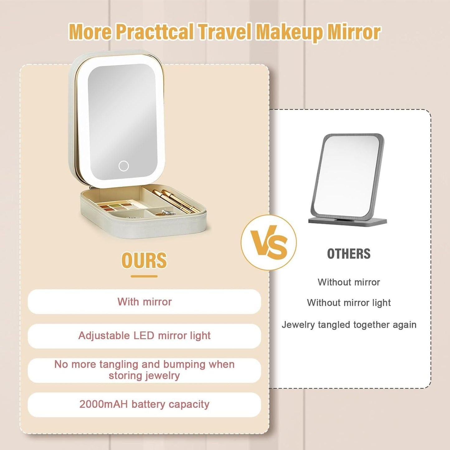 Luxury White Leather Jewelry/Makeup Box with LED Touch Screen Mirror.